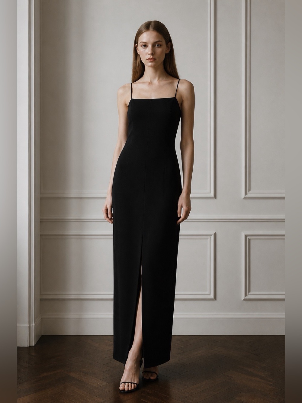 WAYF Black Spaghetti Strap Midi Dress Size Medium Slit Hem Minimalist